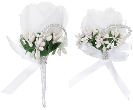 PATIKIL Conjunto de Pulsera de Flores de Rosa y Ramilletes, Pulsera de Dama de Honor de Rosa Artificial Ramilletes Corsage de Novia con Gorra, Fiesta, Blanco