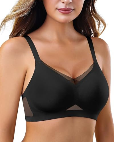 As Fairy Wireless Non-Wired Bra for Women Seamless Push Up with Soft Support Lace V-Neck Mesh Criss-Cross Back Everyday Lounge Yoga Use (Black+Nude,L)