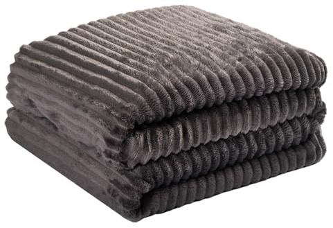 OHS Ribbed Fleece Throw Blanket - Decorative Soft Warm Comfy Unique Texture for Living Room Sofa, Easy Care, 125 x 150cm - Charcoal