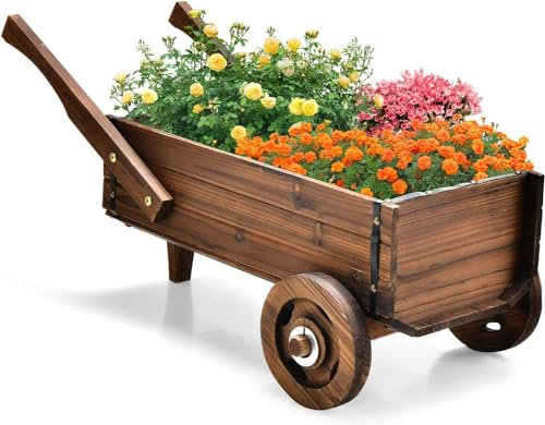 FANTASK Carro de Flores de Madera con Ruedas y Asas, Carretilla de Flores con Orificio de Drenaje, Maceta para Plantas, Color marrón