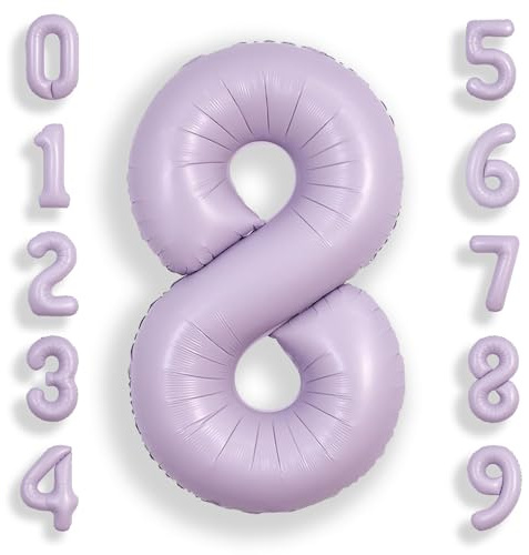 SUWEN 101,6 cm Ballons en Mylar en forme de grand chiffre 8 violet - Ballons géants en aluminium à l'hélium lavande - Ballons de numéros géants en aluminium à l'hélium 0-9 - Décorations de fête