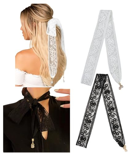 JK Home 2pcs Women's Thin Belt Floral Lace Hair Ribbons Sash Headscarf Headbands Hair Band Scarf Necktie Skinny Waist Rope Belt Self-Tie Waistband Handbag Handle Wrap for Girls Black White