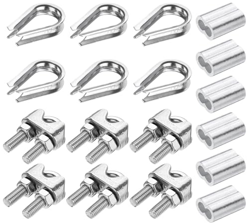 PATIKIL 18Pcs M5 304 Stainless Steel Wire Rope Kit, Wire Rope Cable Clip Clamp, Tube Thimble and Crimping Loop for 3/16 Inch Wire Rope Cable Thimbles, Silver