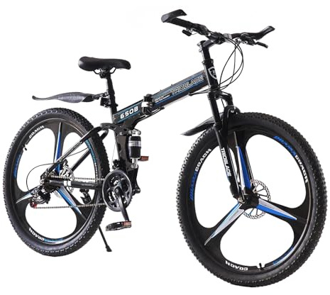 BSTSEL 24 26 27.5Inch Adult Folding Mountain Bike, Dual Suspension Mountain Bikes with 3-Spoke Wheel, 21 Speed Mens and Womens Foldable Mountain Bicycle (27.5 inch Black&Blue)