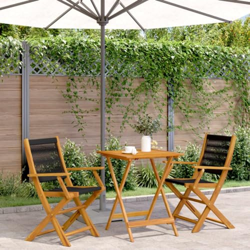 Set da 3 pezzi per bistrò nero, polipropilene, legno massiccio di acacia, pieghevole, per balcone, giardino, terrazza, portata 110 kg