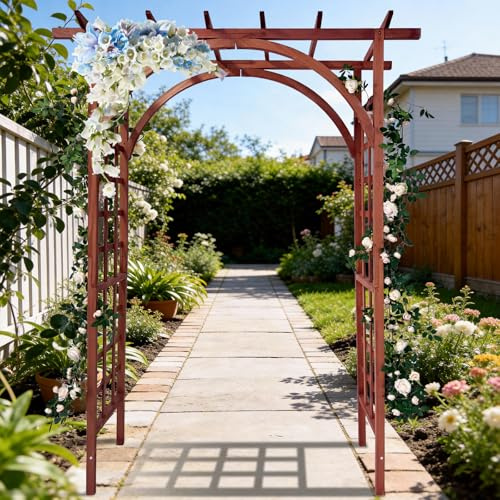 Arche de Jardin en Bois de Sapin Robuste pour Plantes grimpantes – Treillis Plat décoratif pour Mariage, fête, terrasse, Jardin – Finition carbonisée (Couleur Teck, Plat et Arqué)