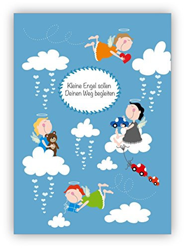 Hellblaue Taufkarte, Klappkarte zur Geburt oder Erstkommunion mit Schutzengeln: Kleine Engel sollen Deinen Weg begleiten • hübsche hochwertige Grusskarte mit Umschlag