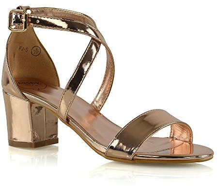 ESSEX GLAM Womens Strappy Sandals Block Low Heel Ladies Ankle Strap Party Evening Shoes (UK 4 / EU 37 / US 6, ROSE GOLD METALLIC)