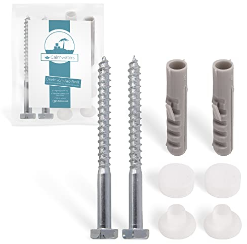 Calmwaters® Befestigungsset für Stand-WCs, Stand-Bidets und Badablagen, Set zur WC-Montage, 2 Schrauben 6 x 70 mm mit Dübeln 8 mm, Abdeckkappen in Weiß, Kunststoff, verzinktes Metall, 51PM4670