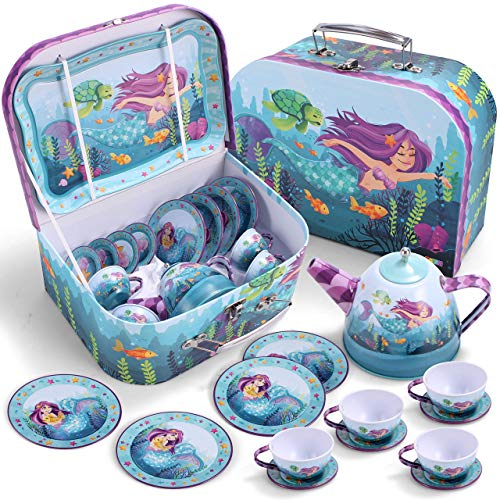 JOYIN Meerjungfrau Wackelkäfer Teeservice Tin Teekanne Set für Kinder Tee Party Küche Teekanne Set Spielzeug Kinder geburtstagsgeschenk 3-8 Jahre