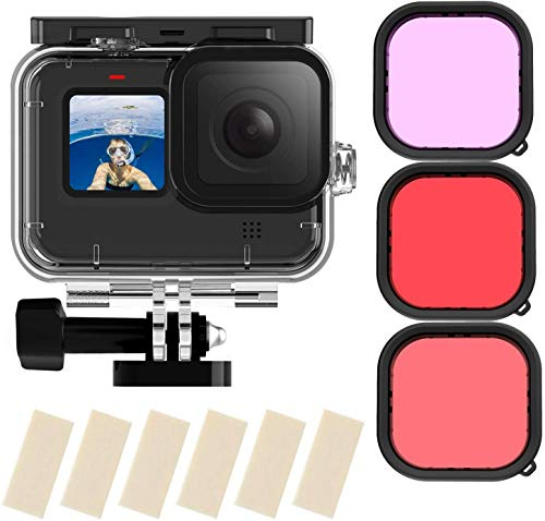 TELESIN Wasserdichtes Gehäuse mit 3er-Pack Filter für GoPro Hero 11 Hero 10 Hero 9 Schwarz Unterstützt 60M/196FT Unterwasser-Schnorcheln Tieftauchen mit rotem Magenta-Filter Go Pro