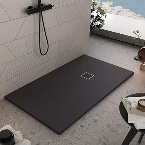 Essence ArredoBagno Plato de ducha de resina 90 x 80 cm, efecto piedra antideslizante con helcoat, modelo Rome negro, rejilla y desagüe incluidos