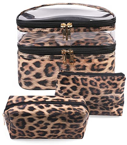 FITINI 3 Pieces Makeup Bags Double Layer Travel Large Leopard Cosmetic Cases Organizer Toiletry Bags Waterproof Small Zipper Pouch for Women Makeup Brush Storage Bag