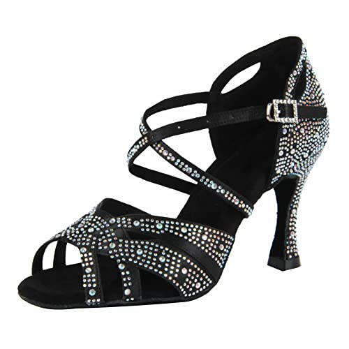 Syrads Scarpe da Ballo Latino Donna per Salsa e Bachata - Lucide con Strass, da Sala - Nero, Tacco 9cm, 40 EU