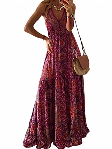 ticticlily Vestidos Mujer Verano Larga Boho Elegante Maxi Vestido Manga Corta y Cuello V Estampado Florales Vestidos Casual Playa Fiesta Vestidos sin Manga del Cordón Talla Grande