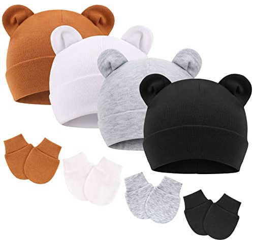 DRESHOW Bonnets de Naissance et Moufles de Protection Bébé Gants Bonnet Nouveau-né Bambin Doux Mignon Tricoté Chapeau 0-6 Mois, Taille Unique
