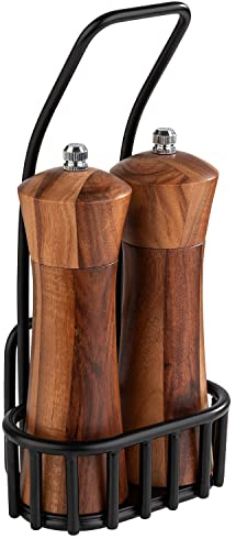 APS 40416 Pfeffer- und Salz-Menage URBAN, 3-teiliges Set, Salzmühle, Pfeffermühle, Gestell mit Kartenhalterung