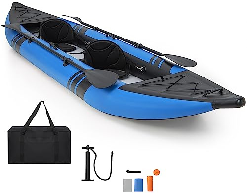 GYMAX Inflatable Kayak, 12.5Ft 507lbs Tandem Kayak with 2 Aluminum Paddles, 2 Padded Seats, Footrests, 2 Fins, Hand Pump, Carry Bag & Repair Kit, 2 Person Fishing Touring Kayak for Adults Youth (Blue)