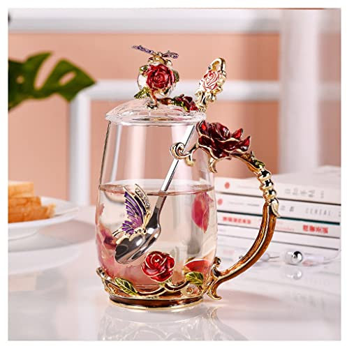 Tazzine Caffè Turco Tazza da tè Tazze da caffè in vetro con cucchiaio Tazza da caffè a forma di farfalla con fiori di rosa Bella Regali di compleanno per le donne Tazzine Moka Tazzine Caffè ( Color :