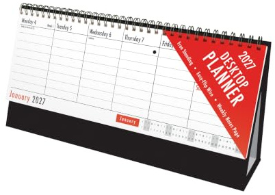 2027 Desk Calendar Week to View – Free Standing Flip Desktop Planner – Wiro Bound Weekly Diary Planner with UK Bank Holidays & Notes – Stand Up Calendar 29cm x 14.5cm – Ideal for Home, Office & Work