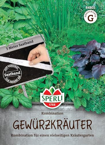 Sperli Gewürzkräutersamen-Kombination, Saatband 84801 - Kräutersamen-Mischung mit Petersilie & Schnittlauch und Saatband aus Bohnenkraut, Dill, Basilikum