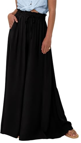 EIRUKON Pantalon Fluide Femme Large Taille Haute Chic et Elegant Pantalon Palazzo avec Poches Décontracté Couleur Unie Taille Elastique Baggy Pantalons de Plage,Noir,XL