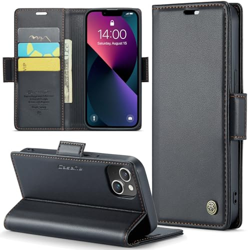 Rerzoiro fodral för iPhone 14, premium PU-läder telefonfodral med RFID-blockering, ställ, kortplats, magnetiskt skydd, flip bok plånboksfodral för iPhone 14, Svart