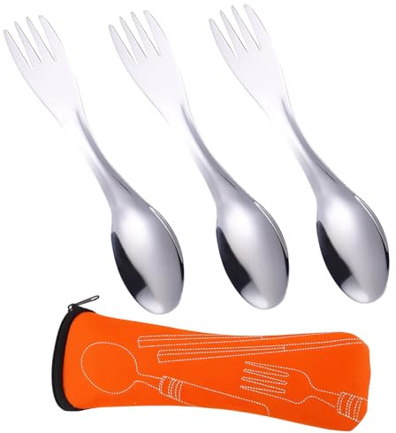 Göffel, 3er Set Mit Aufbewahrungstasche, Spork Titan Edelstahl Besteck, Ideal Für Camping, Wandern Und Picknick, 17 cm Länge, Leicht Und Langlebig