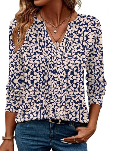 Zeagoo Womens Bohemian Fall Shirts 2025 Pleated V Neck Tops Plus Henley Tshirts Long Sleeve Blouses Dressy Casual Business Flowy Graphic Floral Formal Cute Winter Tops