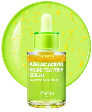 PURITO Acido Azelaico 10 Siero al Tè dell'albero Kojic e Tea Tree, Siero Coreano per il Viso per Imperfezioni, Pelle Inclinata all'Acne, Macchie, Cura dei Pori e Tono Uniforme, Formula Tripla Attiva