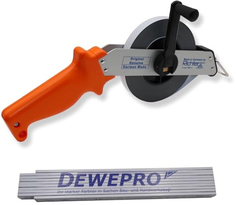 Richter Stahlbandmaß 30m mit mm-Teilung - Maßanfang B - Bandmaß 13mm breit mit Leichtmetallrahmen - weiß lackiert mit Duplex-Teilung - im Set inkl. 1 St. DEWEPRO Zollstock 2m