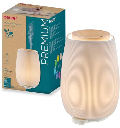 Beurer LA 45 Difusor de aroma para aceites esenciales, nebulizador ultrasónico de 2 niveles para aromaterapia, luz ambiental en 9 colores, carcasa de cerámica y tapa de madera, con temporizador