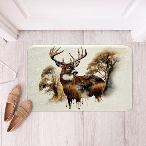 Erosebridal Deer Bathroom Rugs 20 x 32 Cabin Bath Mat Dock Trees Reed Wild Animal Print Doormat River Antlers Elk Animals Theme