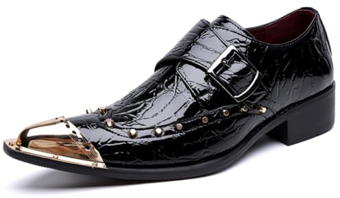 Men's Pointed Toe Dress Shoes Metal Tip Buckle Strap Studded Patent Leather Formal Footwear (Black,9)