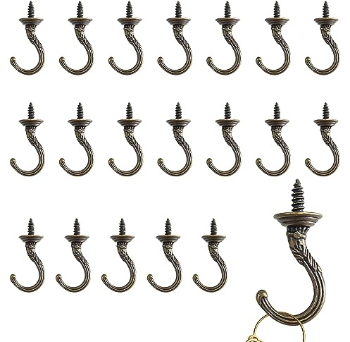 20 Pcs Screw Hooks, Pattern Carving Hooks Screw in Mug Hooks Metal Heavy Duty Screw Wood Wall Ceiling Hooks Plant Hooks Indoor Outdoor for Utensils Baskets Lights Wind Chimes Decor