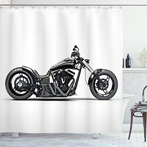 ABAKUHAUS Schwarzgrau Duschvorhang, benutzerdefinierte Motorrad, Stoffliches Gewebe Badezimmerdekorationsset mit Haken, 175 x 240 cm, Grau Schwarz Weiß
