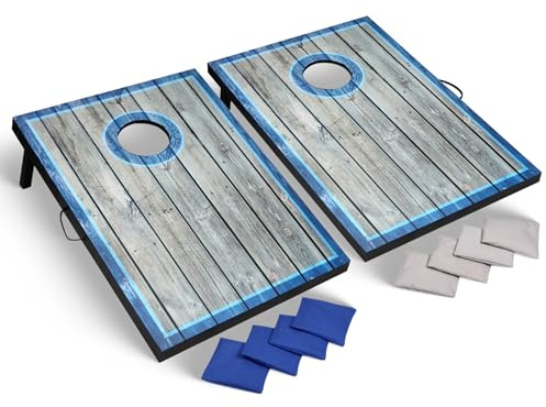 Hathaway Atlantic LED Cornhole Board Set – Includes 8 Rip-Resistant Bean Toss Bags & 2 Target Boards with Built-in Cornhole Lights & Nylon Carrying Bag for Portability – Blue/White