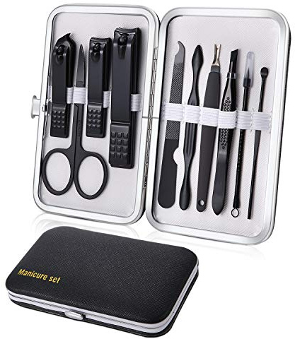 Manicure Set 10pcs Professional Nail Clippers Kit Pedicure Care Tools-Stainless Steel Grooming Tools for Travel (Black White)