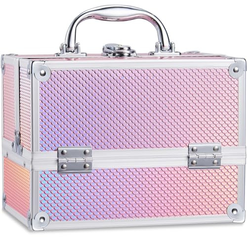 Frenessa Vanity Case Makeup Case Makeup Box Organiser 4 Trays Lockable Beauty Box Make up Organiser Storage, Pink