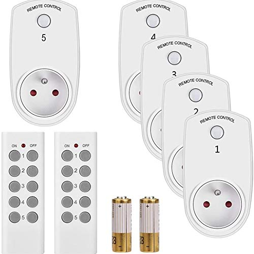 Prises Radio avec Télécommande, Prise Radio, 5 Prises Radio avec 2 Télécommandes, Prises 2300w Prise Radio Puissance Radio, Prise Économie D'Energie avec Télécommande