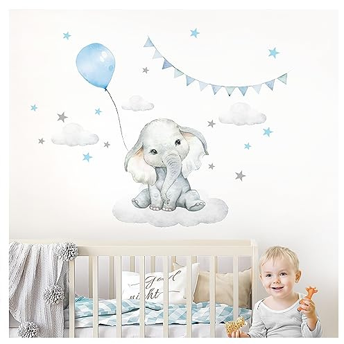 Little Deco Wandsticker Wandtattoo Kinderzimmer Deko Junge Tiere Elefant Ballon Wolken Aufkleber Babyzimmer blau Spielzimmer Wandbild selbstklebend DL891-2