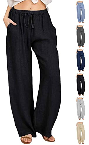 Joligiao Pantalones Mujer Casuales Pantalones de Lino Verano Pantalones de Playa de Algodó Pantalones Rectos con Cordón Pantalón de Mezcla con Bolsillos Ligeros y Cómodos