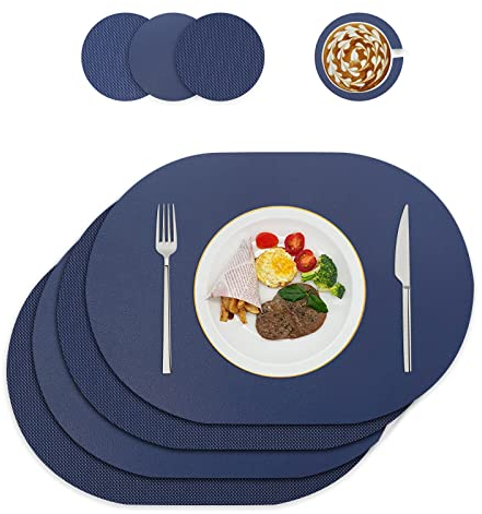 Tischsets und Untersetzer aus Kunstleder,tischdeko,platzset abwischbar,PU Kunstleder Hitzebeständig Platz-Matten für Küche Speisetisch,4er-Set (Oval, Blau)