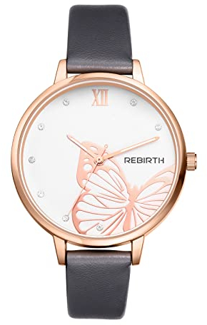 JewelryWe Uhren Damen Elegant Einfach Strass Schmetterling Leder Band Armbanduhr Analog Quarz Beiläufige Uhr für Frauen Mädchen Grau