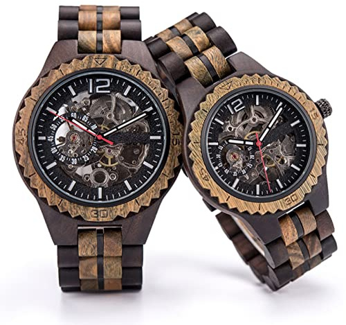 Orologio da polso meccanico impermeabile in legno, orologio analogico inciso vintage, orologio da polso regolabile da uomo e donna., Coppia