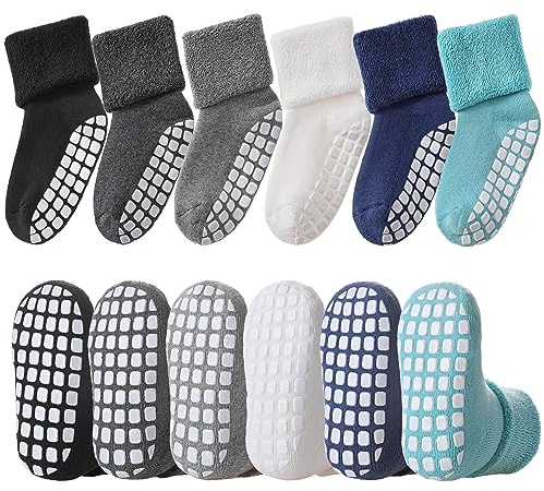 LANLEO Baby Girls Boys Non Slip Socks with Grips Toddler Kids Unisex Warm Thick Cotton Ankle Crew Socks with Grippers 6 Pairs Color B,1-3 Year Old