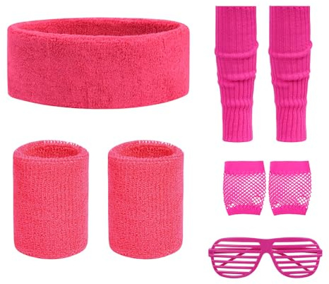 Aomig Accessori Costume Anni 80s, 4 Pezzi Set di Accessori Anni '80 con Neon Sweatband Set, Occhiali, Scaldamuscoli, Guanti, Accessori Neon Anni 80 Kit Accessorio da 80 Anni per Festa, Carnevale