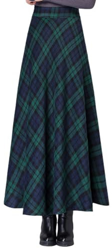 SUNYUESTAR Plaid Wool Skirts for Women Winter Warm Elastic Waist Plaid A-Line Pleated Long Skirt(Green, L)