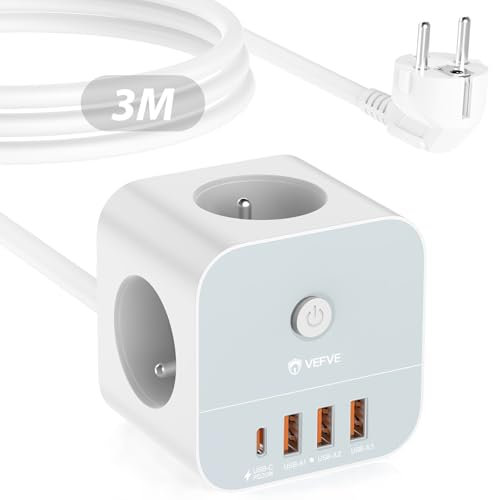 VEFVE Multiprise Électrique avec USB C (Charge Rapide PD 20 W), Cube Prise Multiple avec Interrupteur (3680 W/16 A), 3 Prises et 4 Ports USB, Rallonge Électrique 3m
