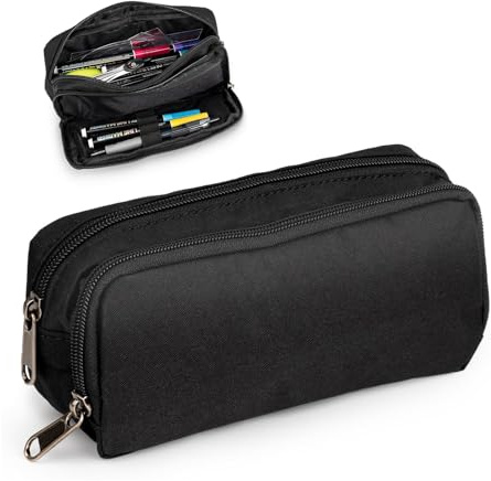 Black Double Zipper Pencil Case, Durable Nylon Pen Case with 2 Compartments for Office Supplies, Lightweight School Supplies Stationery Organiser for Boys Girls
